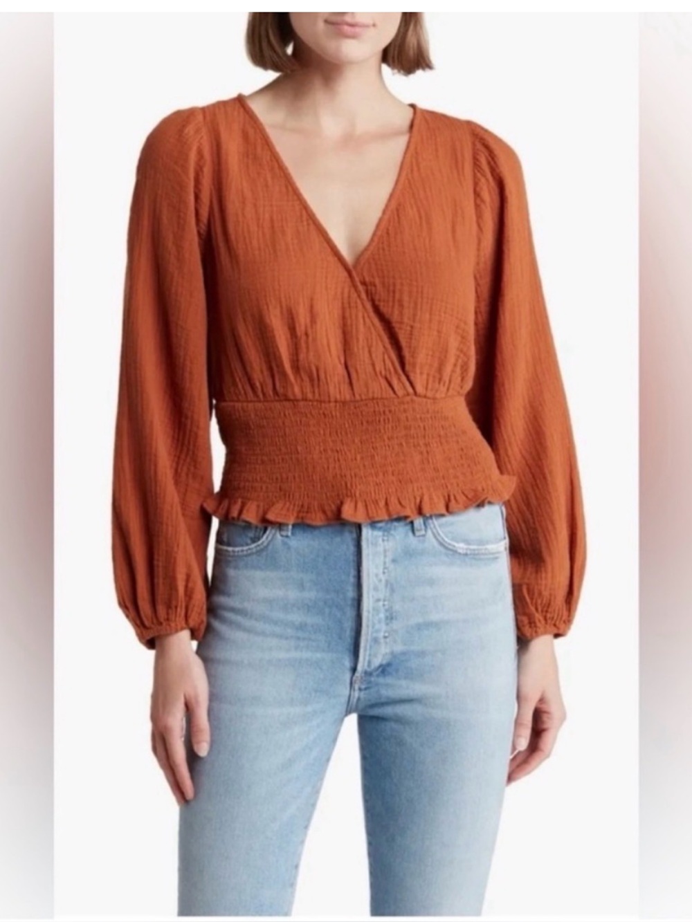 Madewell Texture & Thread Burnt Orange Faux Wrap Peplum Top Small